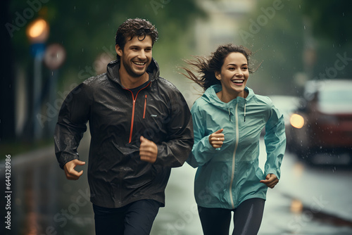 Young couple having fun while running on rain in park, happy young couple jogging around in city park photo