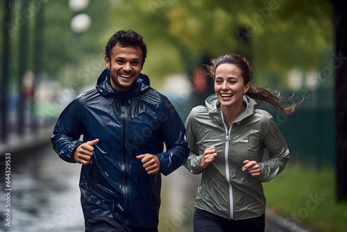Young couple having fun while running on rain in park, happy young couple jogging around in city park