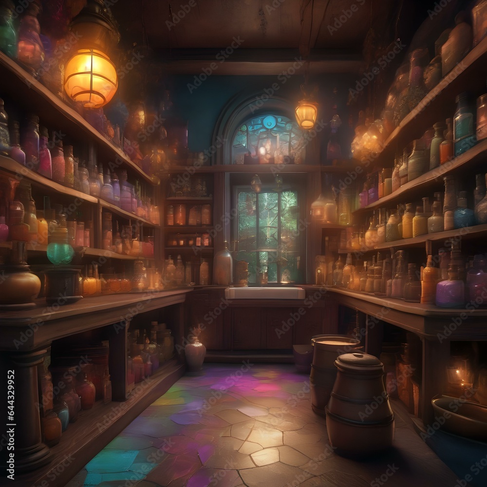 A magical potion shop with colorful, swirling elixirs1