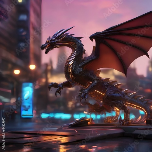 A bio-mechanical dragon soaring through a neon-lit cityscape1