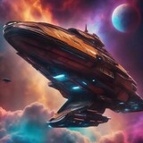 A retro-futuristic spaceship exploring a colorful nebula1