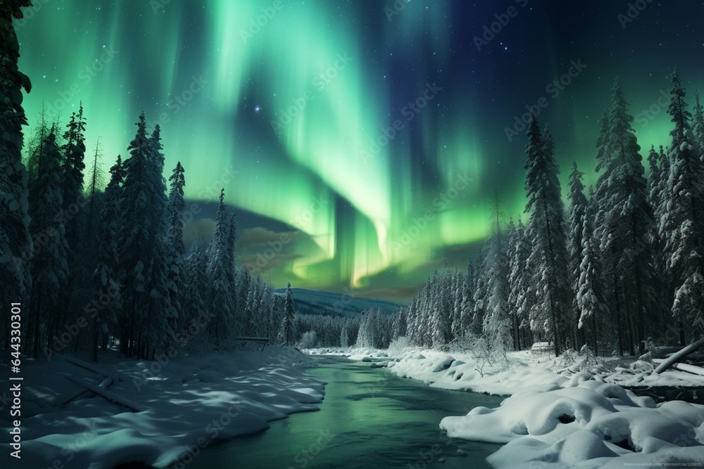 Snow-covered landscape illuminated by auroras against a backdrop of green sky. Generative AI