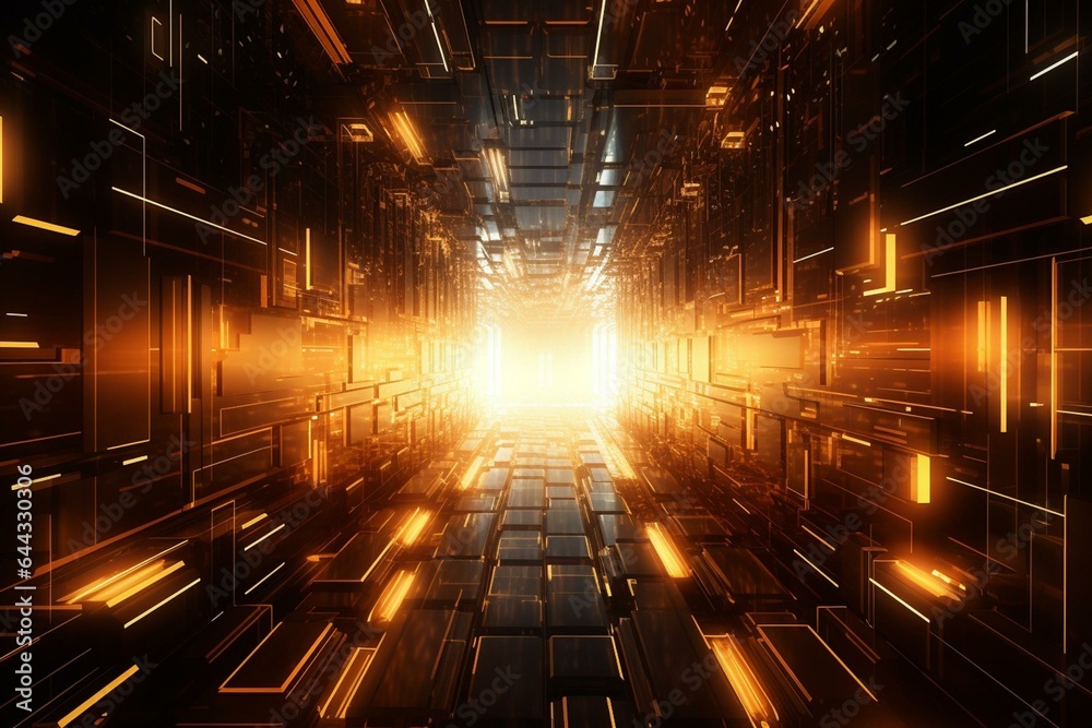 abstract tunnel of glowing circuitry, representing high-speed tech hardware in a 3D rendered design. Generative AI