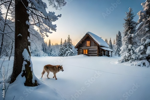 cabin with dog in snowfall
