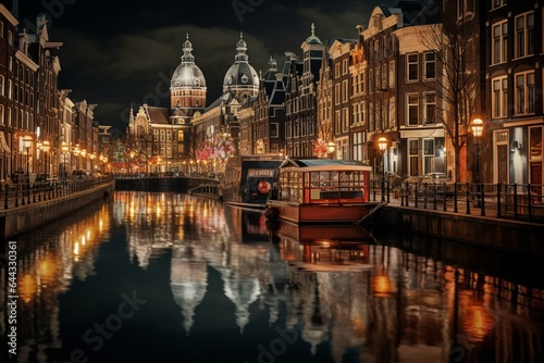 Nighttime view of illuminated buildings and canal in Amsterdam city, Netherlands. Generative AI