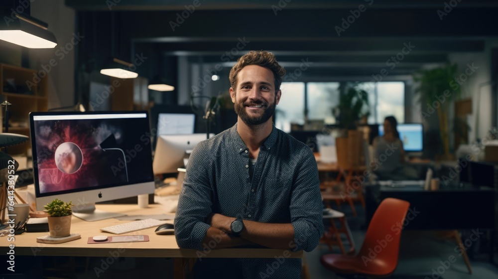Fototapeta premium Portrait of a male graphic designer at a vibrant design studio passionately creating visually stunning artwork