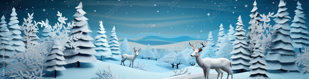 Blue Christmas banner with snowy moonlight view of pine trees, mountains, and charming lit-up houses. Magical and enchanting. AI generative