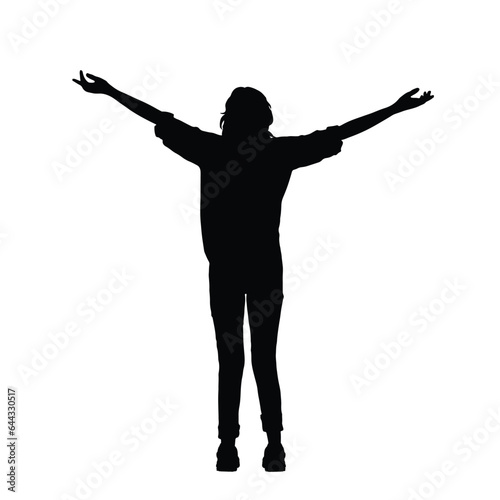 Happy Woman with hands stretched. Silhouette of happy Woman raise hand vector. Success and serenity concept, young man standing. Happy Girl, successful lad with arms up.