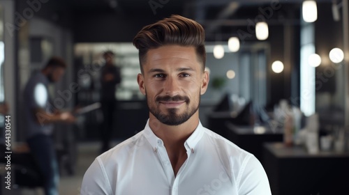 Portrait of a male hairdresser in a trendy salon skillfully transforming hairstyles with creative flair