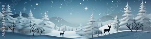 Blue Christmas banner with snowy moonlight view of pine trees, mountains, and charming lit-up houses. Magical and enchanting. AI generative © StockWorld