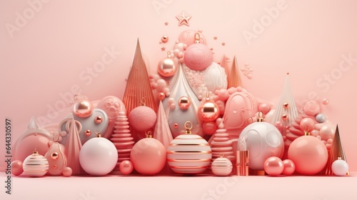 Pink theme. Christmas banner with Christmas decorations, Place for text , snowflake, sparkling bokeh, balls, gift boxs , snow holiday card template, Realistic photo. generativeAI