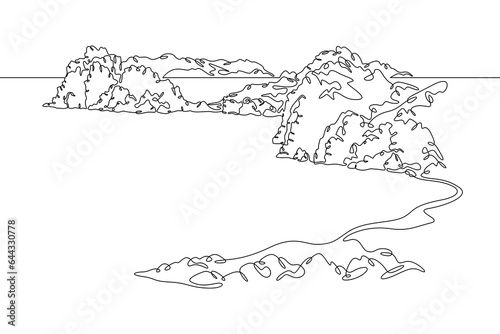 Rocks near the water.Mountains and lake.Landscape.Bay.Seashore.One continuous line. Linear. Hand drawn, white background.