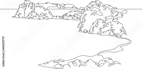 Rocks near the water.Mountains and lake.Landscape.Bay.Seashore.One continuous line. Linear. Hand drawn, white background.