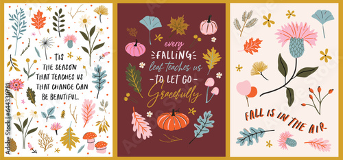 Set of autumn illustrations with positive quotes and sayings, leaves, flowers, pumpkin elements. Vector templates for card, poster, flyer, wall art, cover and other use.