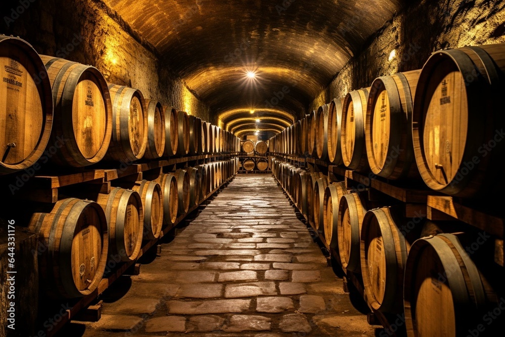Image of a cellar filled with wooden barrels. Generative AI