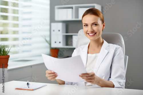 Young female dentist sitting at desk in office writing prescription in clinic