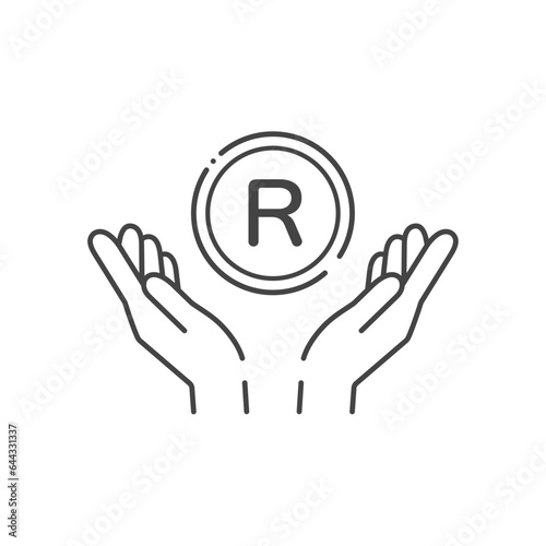 Rの文字が入ったシンプルなコインと人の手のアイコン- 南アフリカのお金･ランドのイメージ
