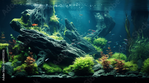 decoration of plants and stones in aquarium design aquatic nature swimming gracefully generative ai