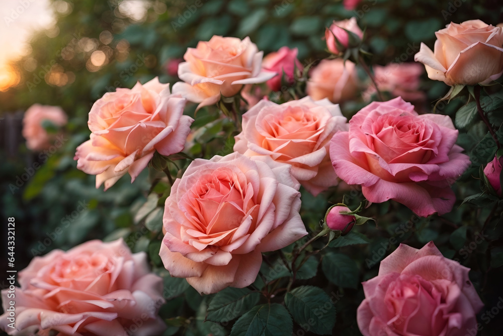 Beautiful blooming rose garden at sunset, Generative AI Beautiful blooming rose garden at sunset, Generative AI