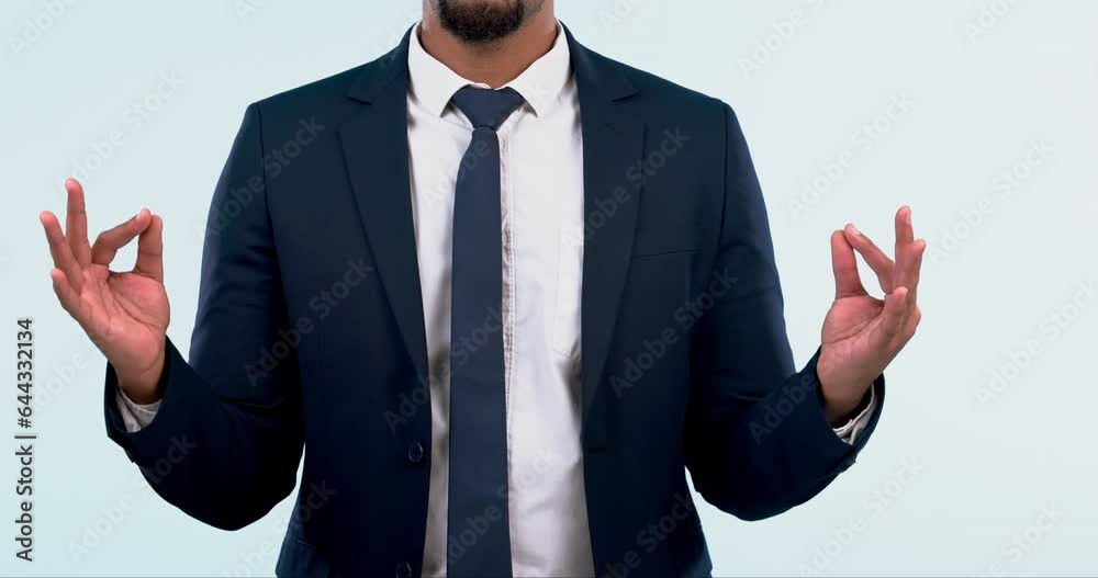 Hands, meditation and business man in studio with breath, exercise or mental health wellness on white background. Relax, zen and guy person with yoga pose for stress management or mindfulness at work