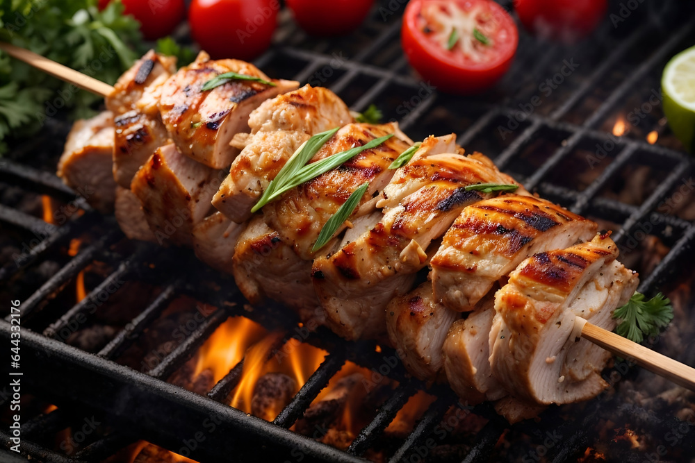 Chicken shish kebab on the grill, Generative AI