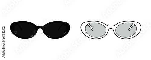 Oval sunglasses vector template. Oval sunglasses fashion sketch, glasses, Vector template, silhouette. front view, unisex. black and white color. CAD mockup.