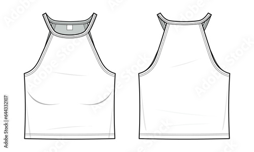 Halter flat technical fashion illustration. Halter top fashion flat technical drawing template, Crop Top, front view, back view, white color, women, CAD mockup