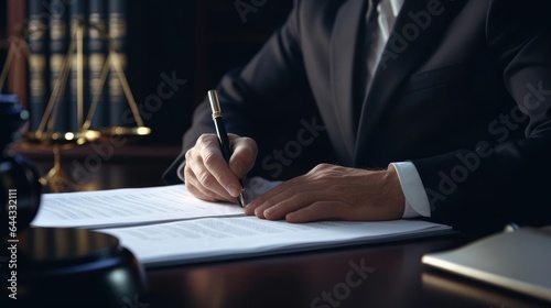 Portrait of a male lawyer at a prestigious law firm meticulously reviewing legal documents