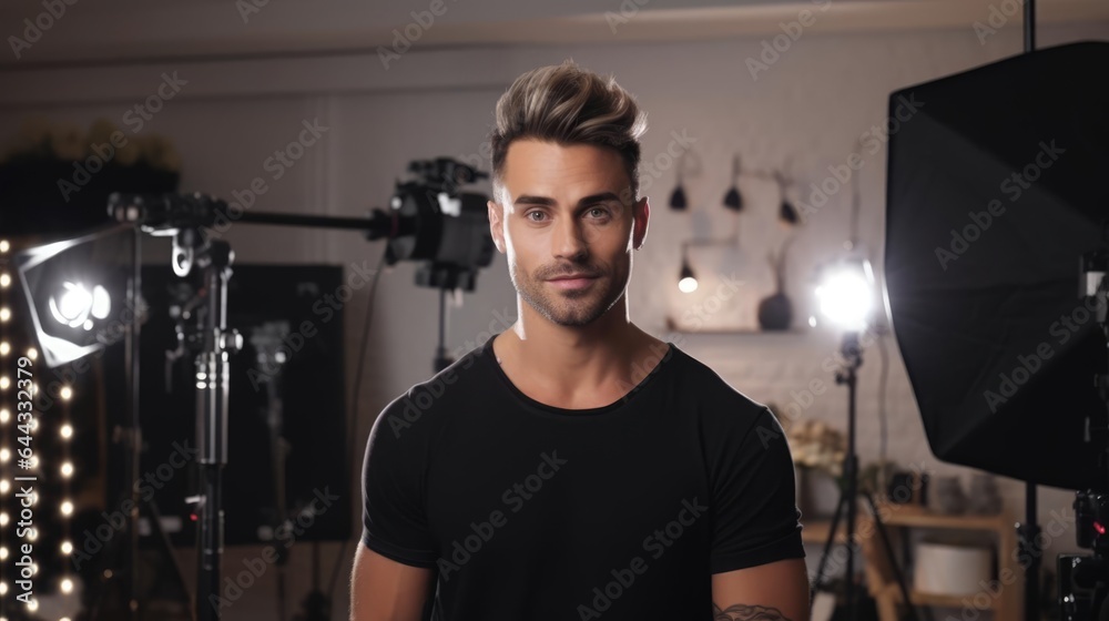 Portrait of a male makeup artist in a glamorous makeup studio skillfully enhancing natural beauty