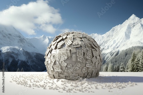 3D rendering of a large debt represented as a snowball of 500 euro notes. Generative AI photo
