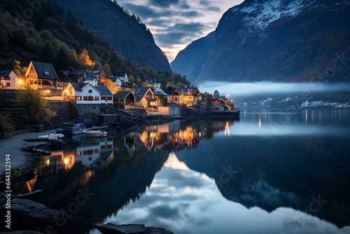 Flam, a picturesque town on Aurlandsfjord, captured at dawn. Generative AI
