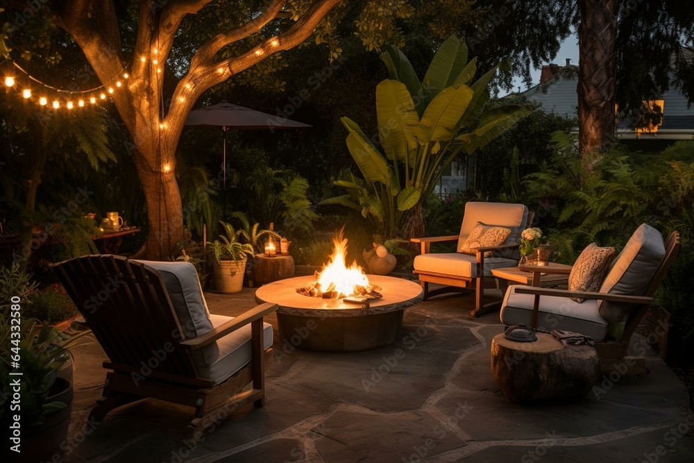 Nighttime outdoor patio with a glowing fire pit, furnished with trees, plants, and cozy seating areas. Generative AI