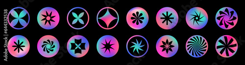 Vector y2k 3d hologram stickers. Round holographic blurry neon circles. Futuristic rave vibrant buttons, highlight covers with abstract symbols, stars, sparks, flowers. Trendy modern vivid colors