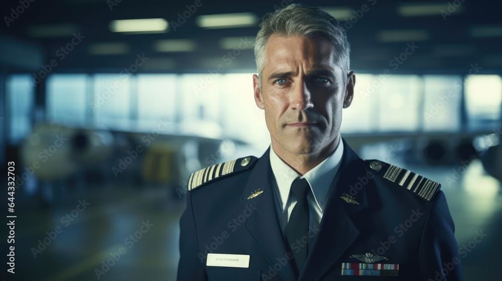 Portrait of a male pilot in his pilot's uniform meticulously preparing for takeoff Portrait of a male pilot in his pilot's uniform meticulously preparing for takeoff