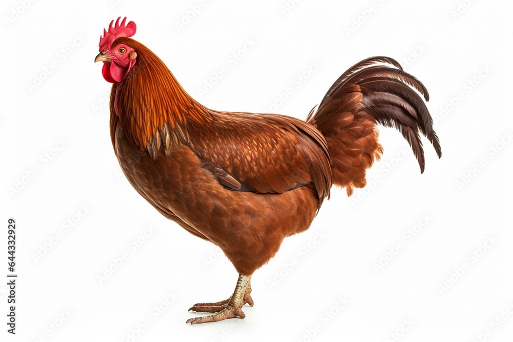 Isolated Rhode Island Red hen on white background. Generative AI
