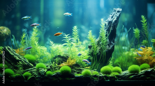 decoration of plants and stones in aquarium design aquatic nature swimming gracefully generative ai © Mrsabata