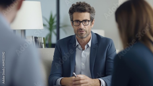 Portrait of a male psychologist in his tranquil thisapy office skillfully guiding clients through their emotional journeys