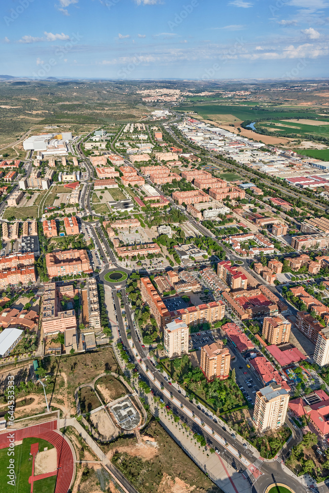 Vertical aerial image of the Santa Maria of Benquerencia neighborhood in Toledo with the Santa Barbara neighborhood and the old town in the background