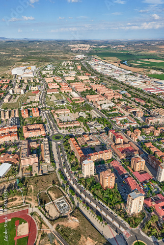 Vertical aerial image of the Santa Maria of Benquerencia neighborhood in Toledo with the Santa Barbara neighborhood and the old town in the background