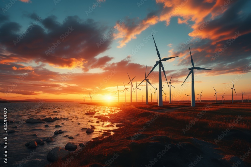 Obraz premium Silhouette of cloudy wind turbine mills, cloudy on the sky at sunset