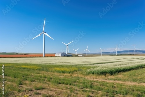 Electric wind turbine in the field on a clear day