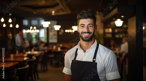 Portrait of a male resaurant server in a charming cafe managing multiple tables and providing excellent customer care