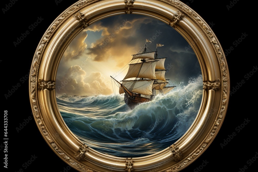 A porthole and a boat on ocean waves. Generative AI