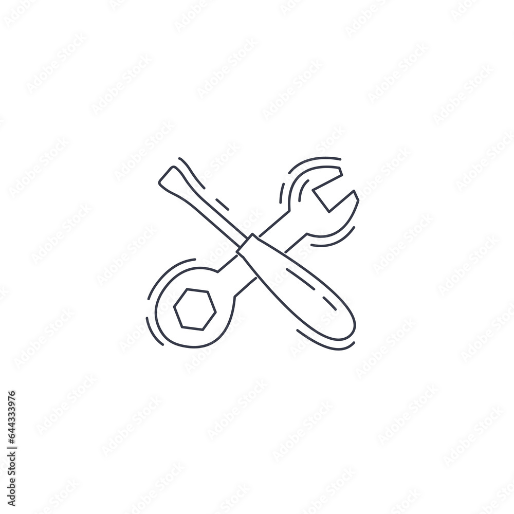 Hammer and wrench line icon. Repair crossed tool thin line icon. Hammer and wrench line icon. Repair crossed tool thin line icon.