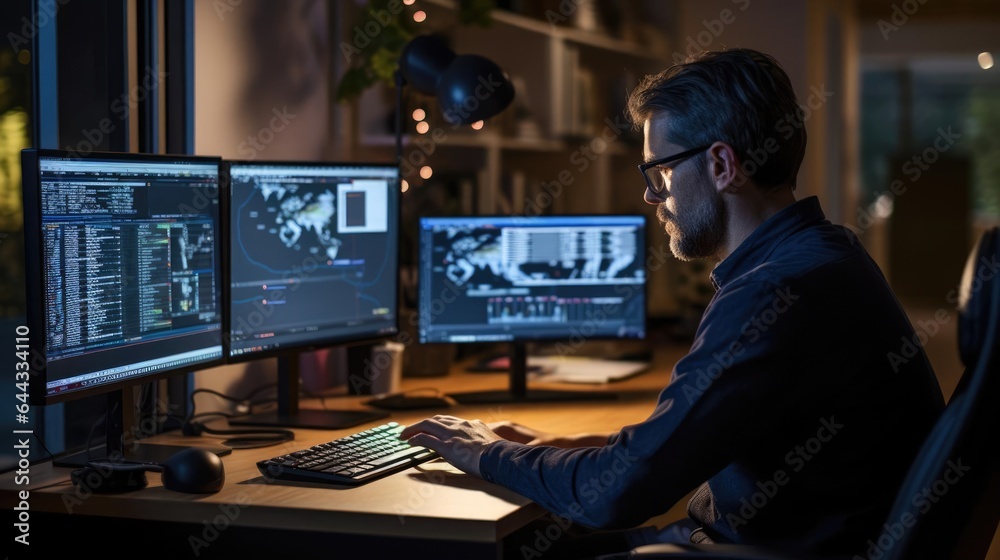 Portrait of a male software developer at his home office debugging intricate code Portrait of a male software developer at his home office debugging intricate code