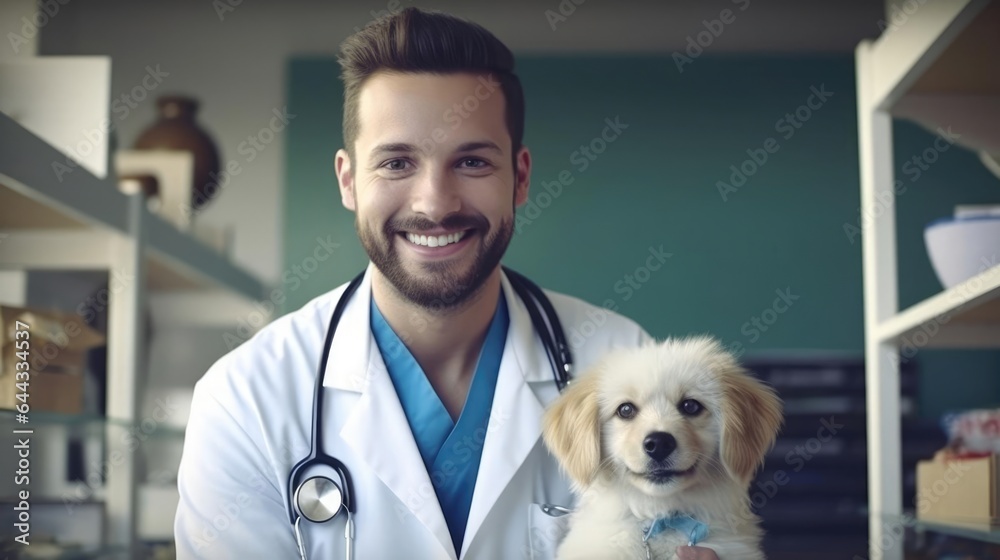 Portrait of a male veterinarian in a bustling animal clinic compassionately treating pets of all kinds Portrait of a male veterinarian in a bustling animal clinic compassionately treating pets of all kinds