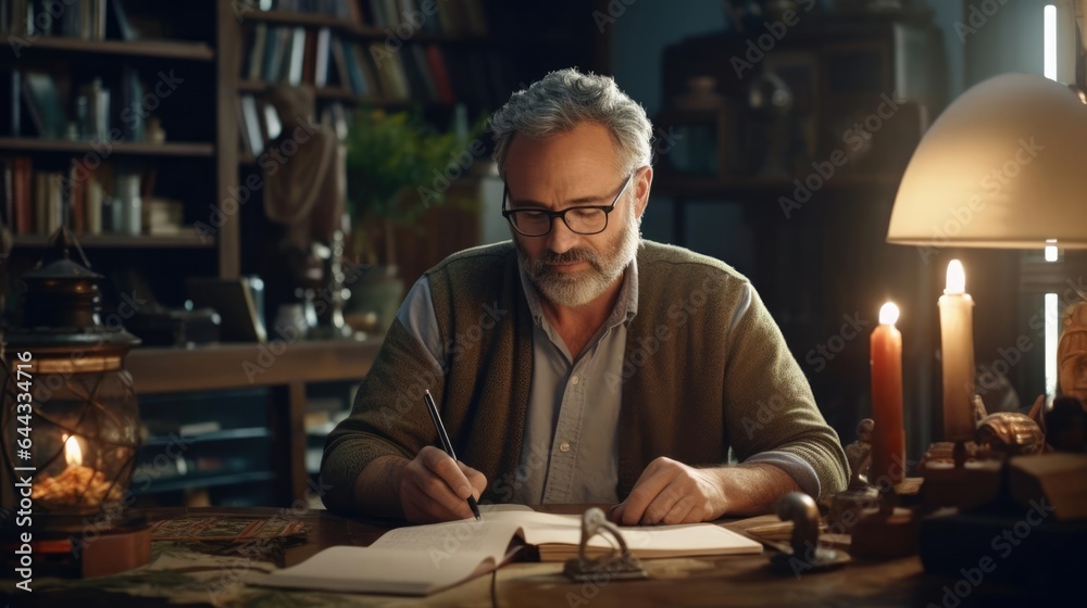 Portrait of a male writer in his cozy study weaving captivating stories with his words Portrait of a male writer in his cozy study weaving captivating stories with his words