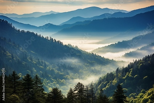 Stunning photo of forested mountain range at Great Smoky Mountains National Park. Generative AI