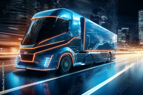 Futuristic electric truck driving on the road. Generative AI © Zephyrine