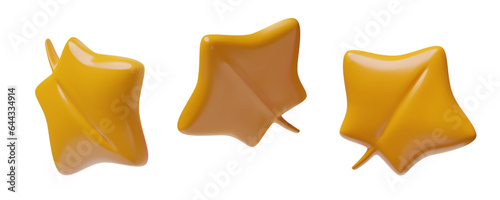 3d autumn maple leaves set. Glossy plastic autumn three dimensional decorative elements on white background.